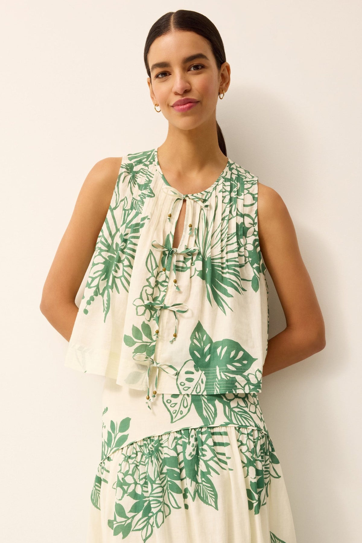 Pleated green and white floral printed top