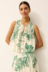Pleated green and white floral printed top
