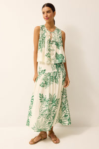 Round neck top with green and white floral print