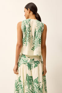 Green and white floral printed top with front ties
