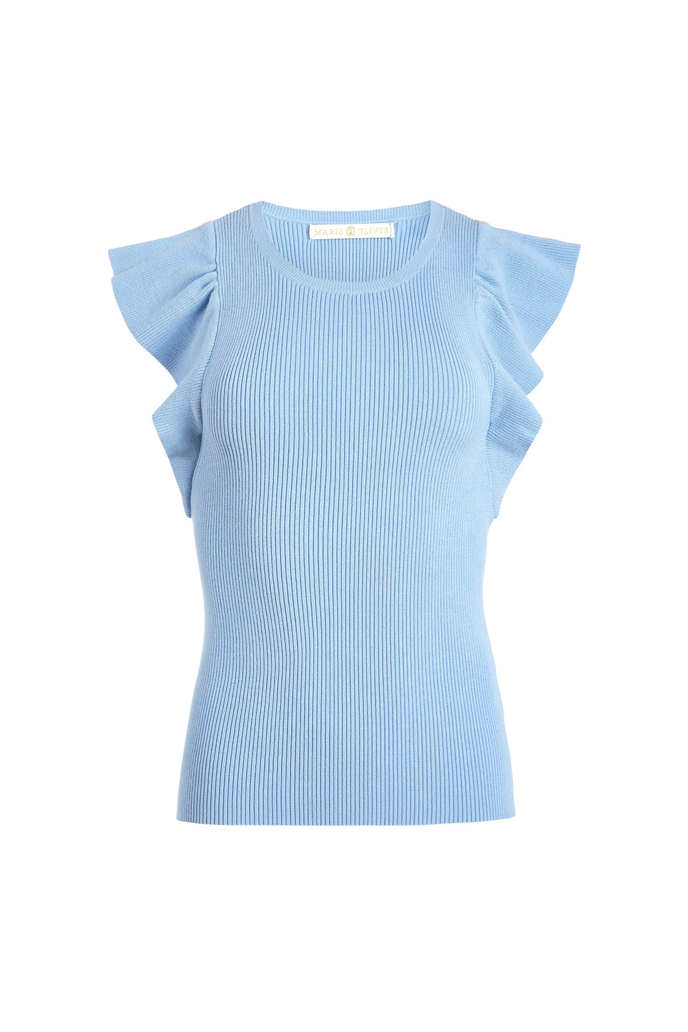 Front view of Rory Top in Sky showcasing ribbed bodice and ruffle sleeves against a white background