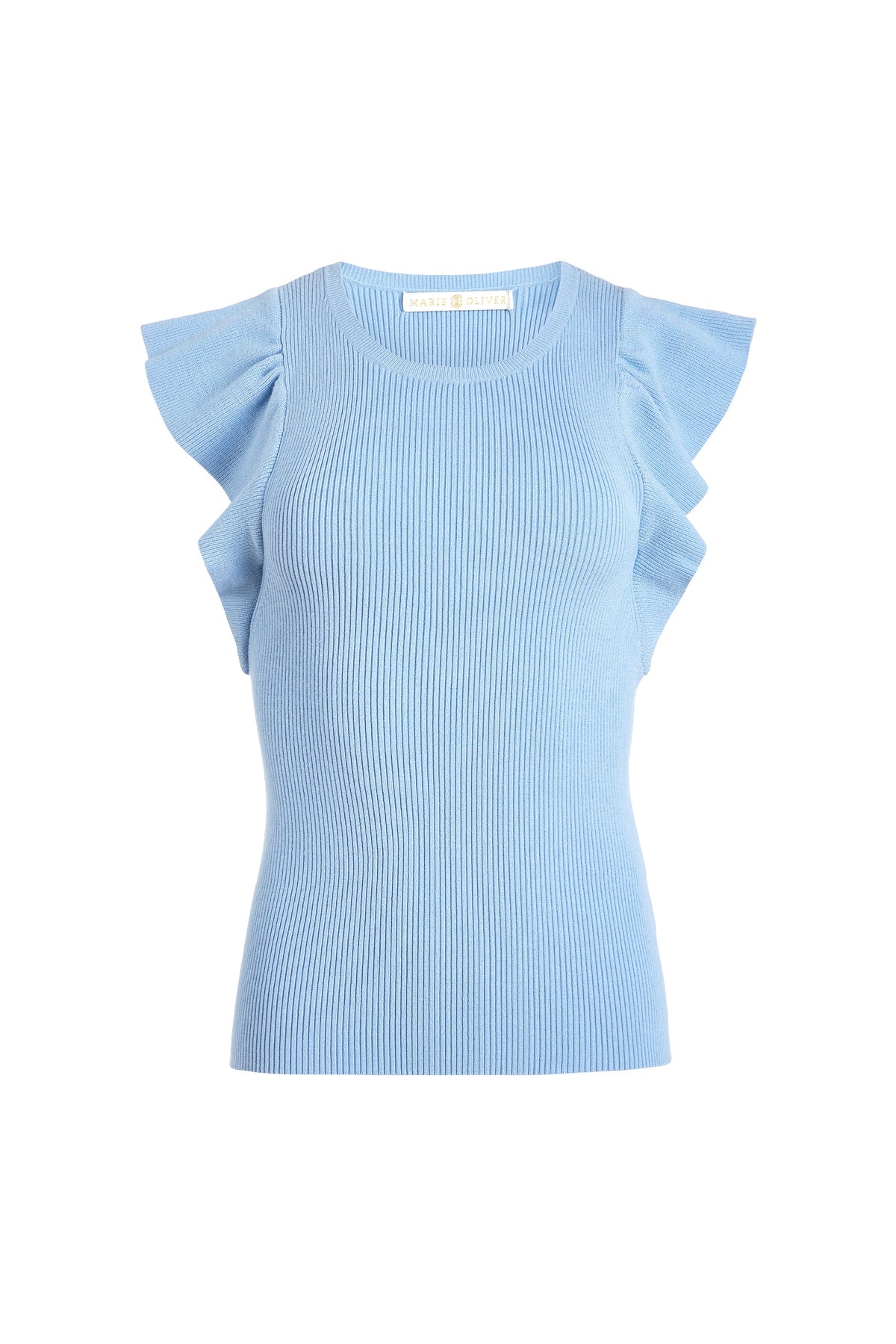 Front view of Rory Top in Sky showcasing ribbed bodice and ruffle sleeves against a white background