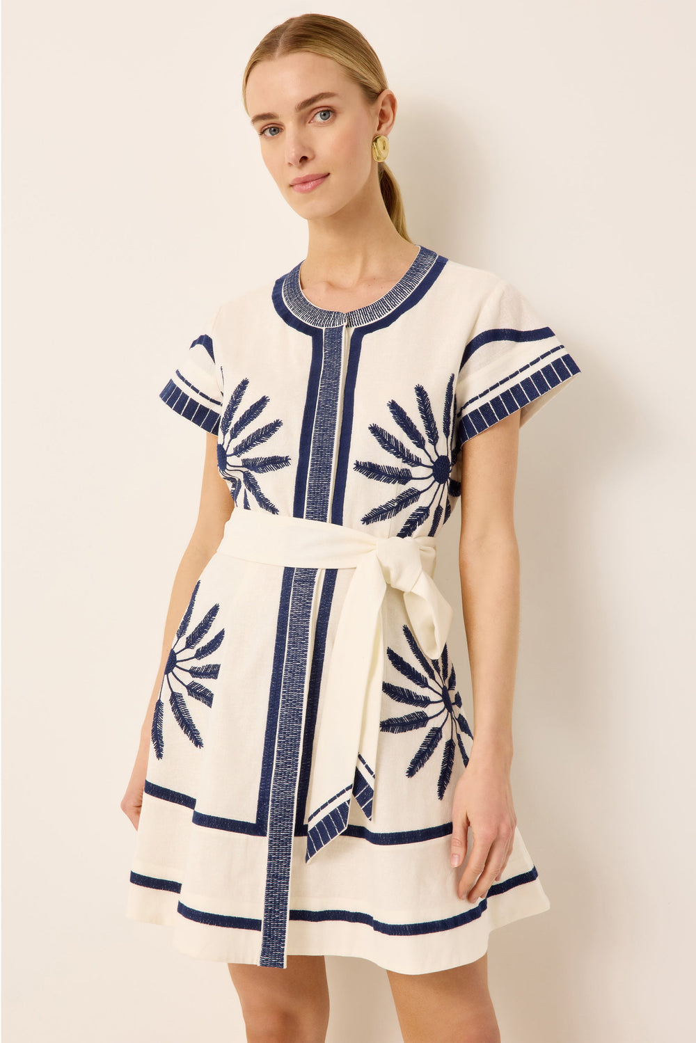 White and blue mini shirt dress with tropical embroidery 