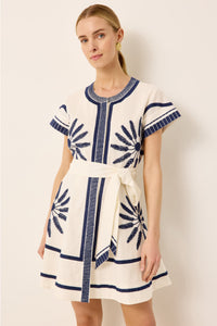 White and blue mini shirt dress with tropical embroidery 