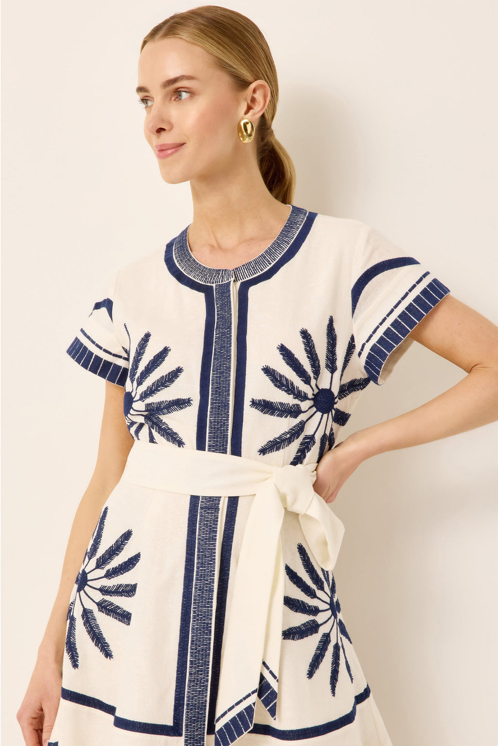 Belted blue and white embroidered mini shirt dress