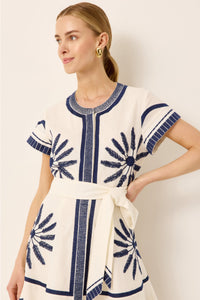 Belted blue and white embroidered mini shirt dress