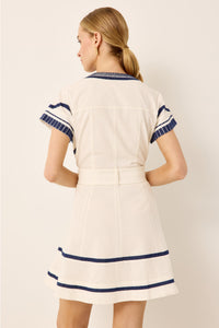 Hidden button white and blue embroidered shirt dress