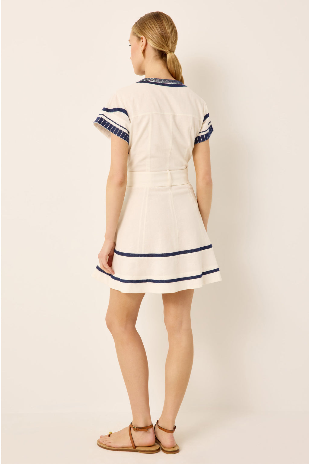 White and blue embroidered short sleeve shirt dress