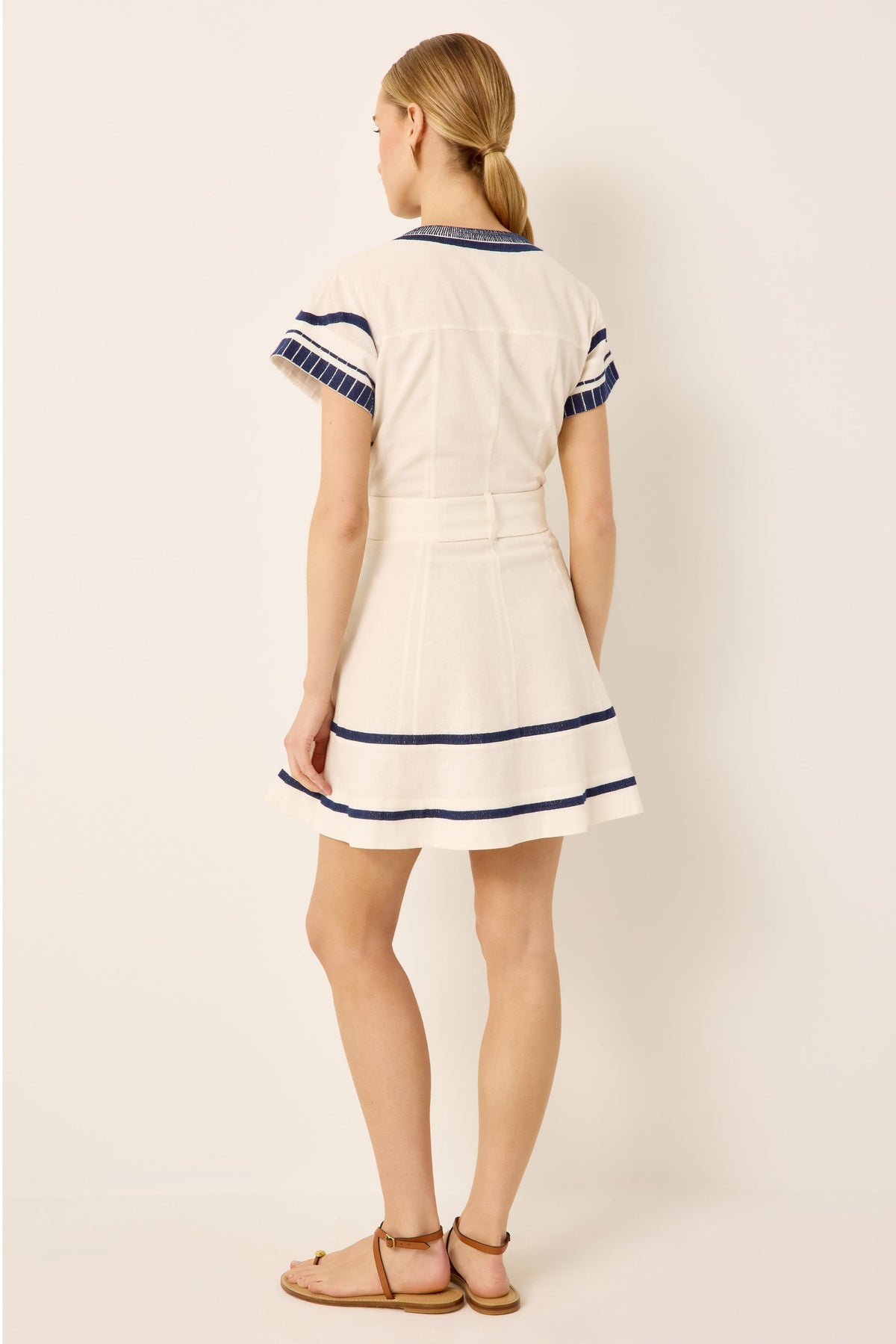 White and blue embroidered short sleeve shirt dress