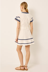 White and blue embroidered short sleeve shirt dress
