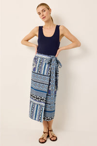 Midi blue geometric printed wrap skirt