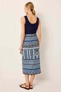 High waisted midi wrap skirt with a blue geometric print