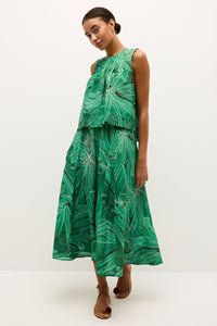Flowy green printed skirt with elastic waistband and white botanical design