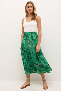 High waisted green skirt with abstract palm pattern and relaxed drape