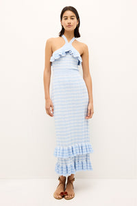 Slim fit striped knit skirt with ribbed waistband and flounce hem