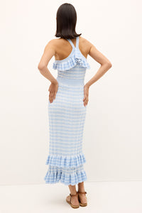 mid length pencil skirt in pale blue tones with double ruffle trim