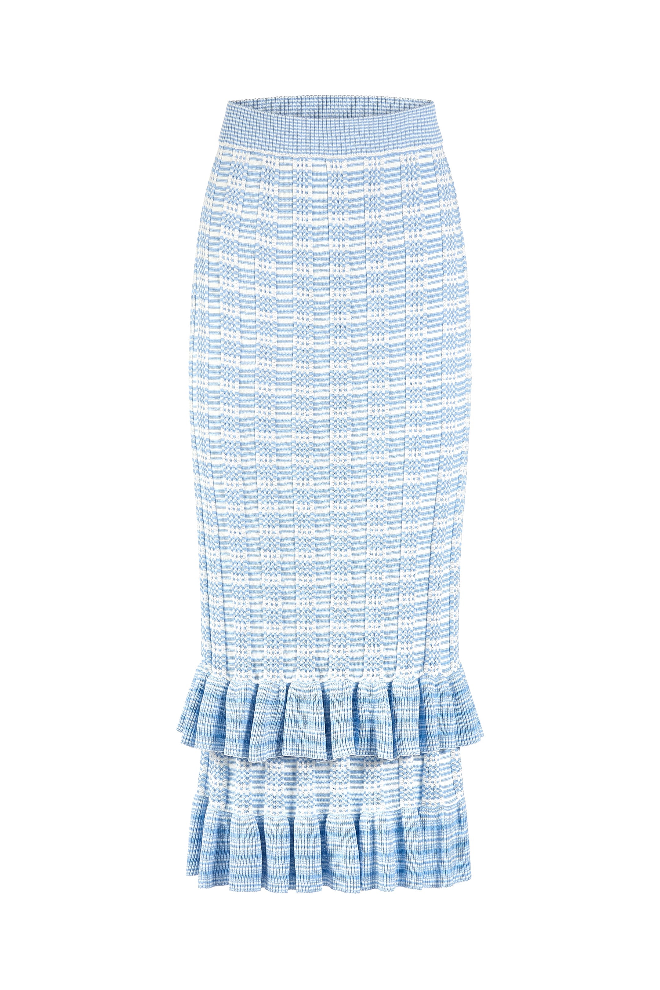 Pastel knit skirt with vertical stripe texture and ruffle tiers