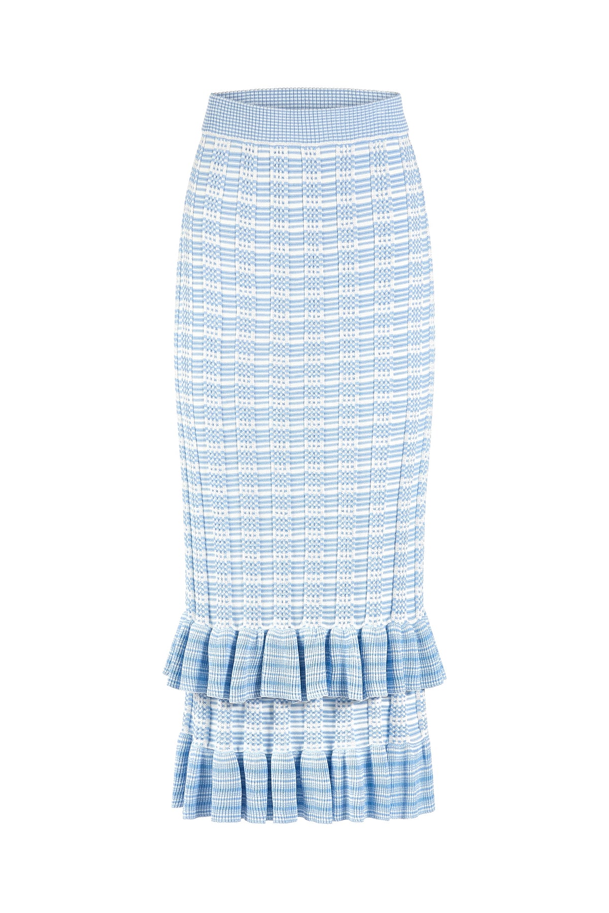Pastel knit skirt with vertical stripe texture and ruffle tiers