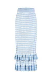 Pastel knit skirt with vertical stripe texture and ruffle tiers