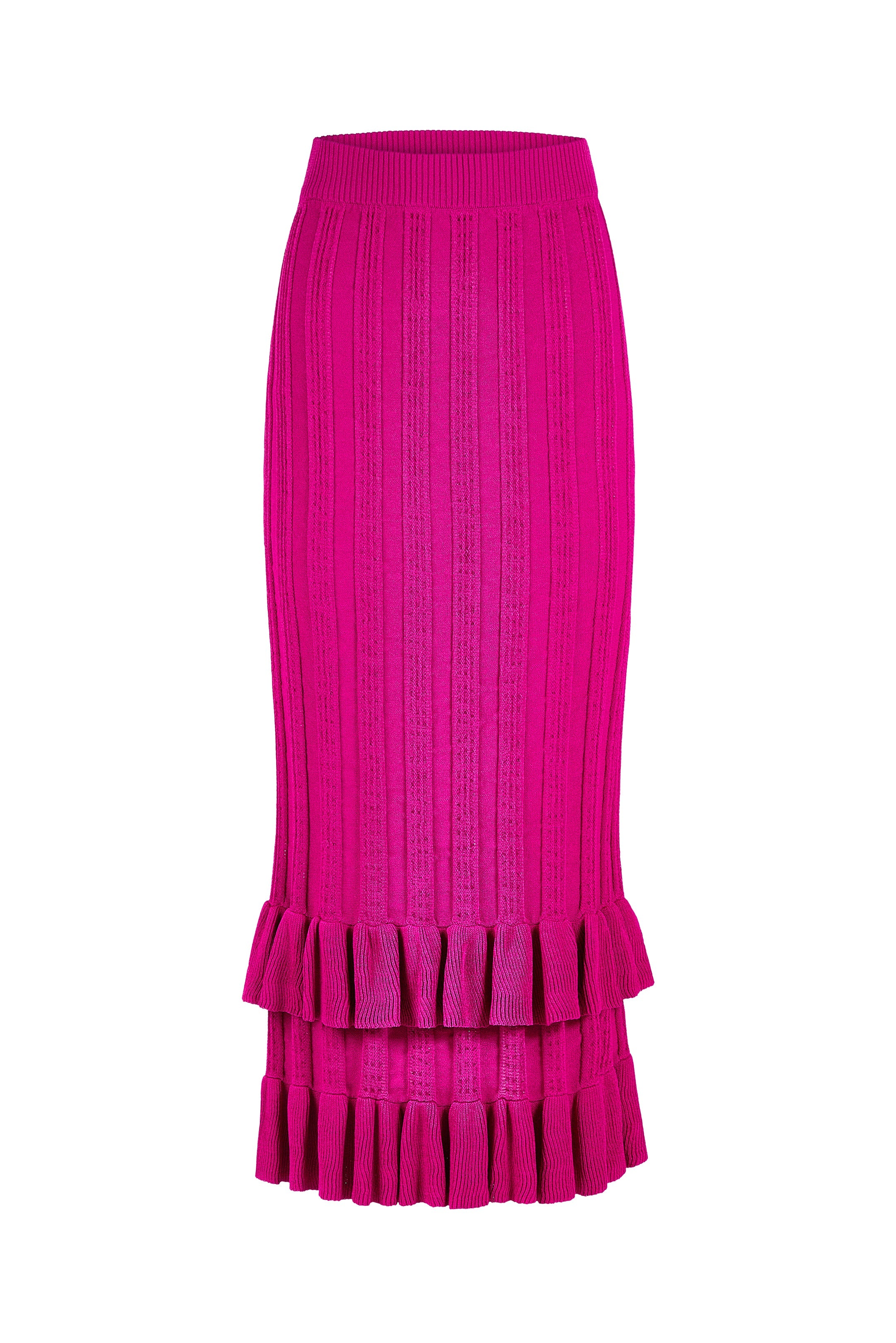 Fuchsia ribbed knit midi skirt with tiered ruffled hem detail 