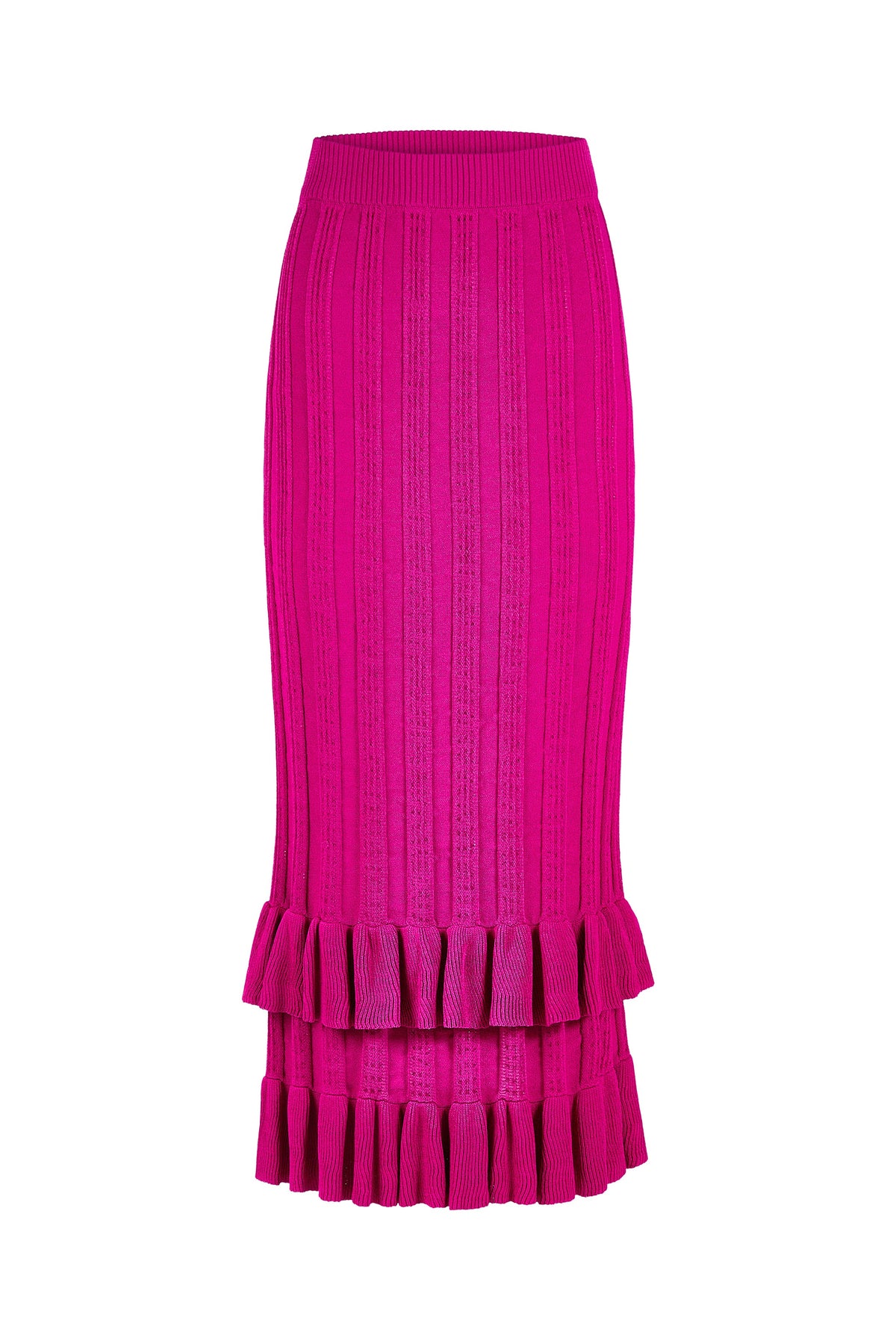 Fuchsia ribbed knit midi skirt with tiered ruffled hem detail 