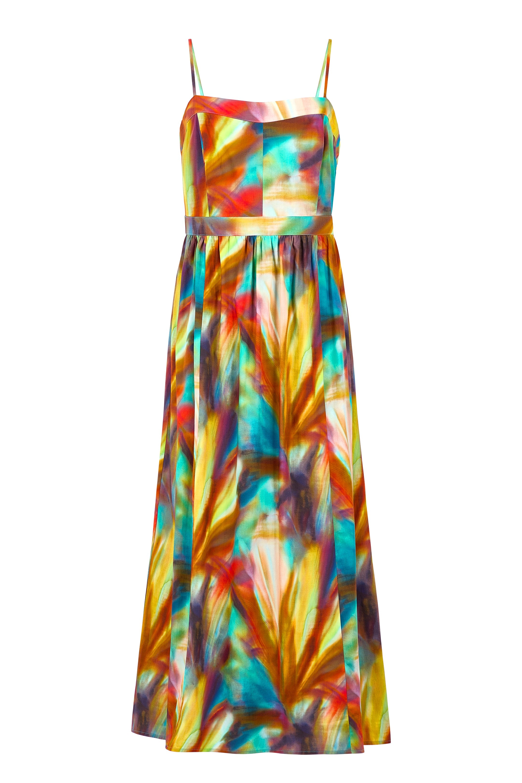 Artistic print summer dress with a tailored bodice and flowing skirt 
