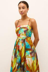 Maxi dress with vibrant painterly design, thin shoulder straps, and gathered waist 