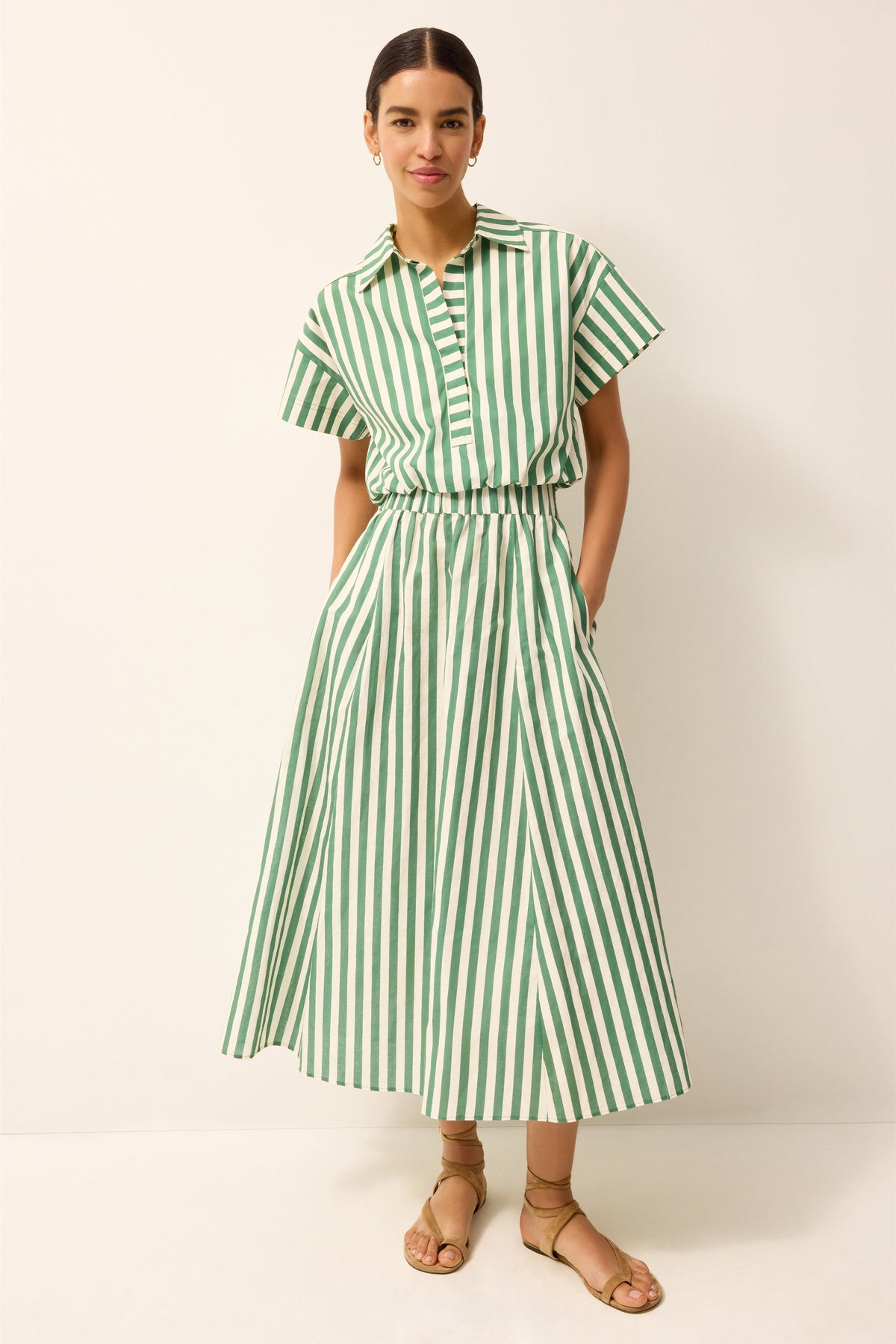 Green and white striped midi skirt with the matching cropped button-up