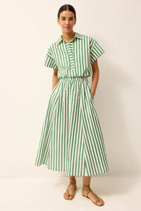 Green and white striped midi skirt with the matching cropped button-up