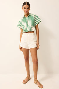 Short sleeve cropped green and white striped button-up