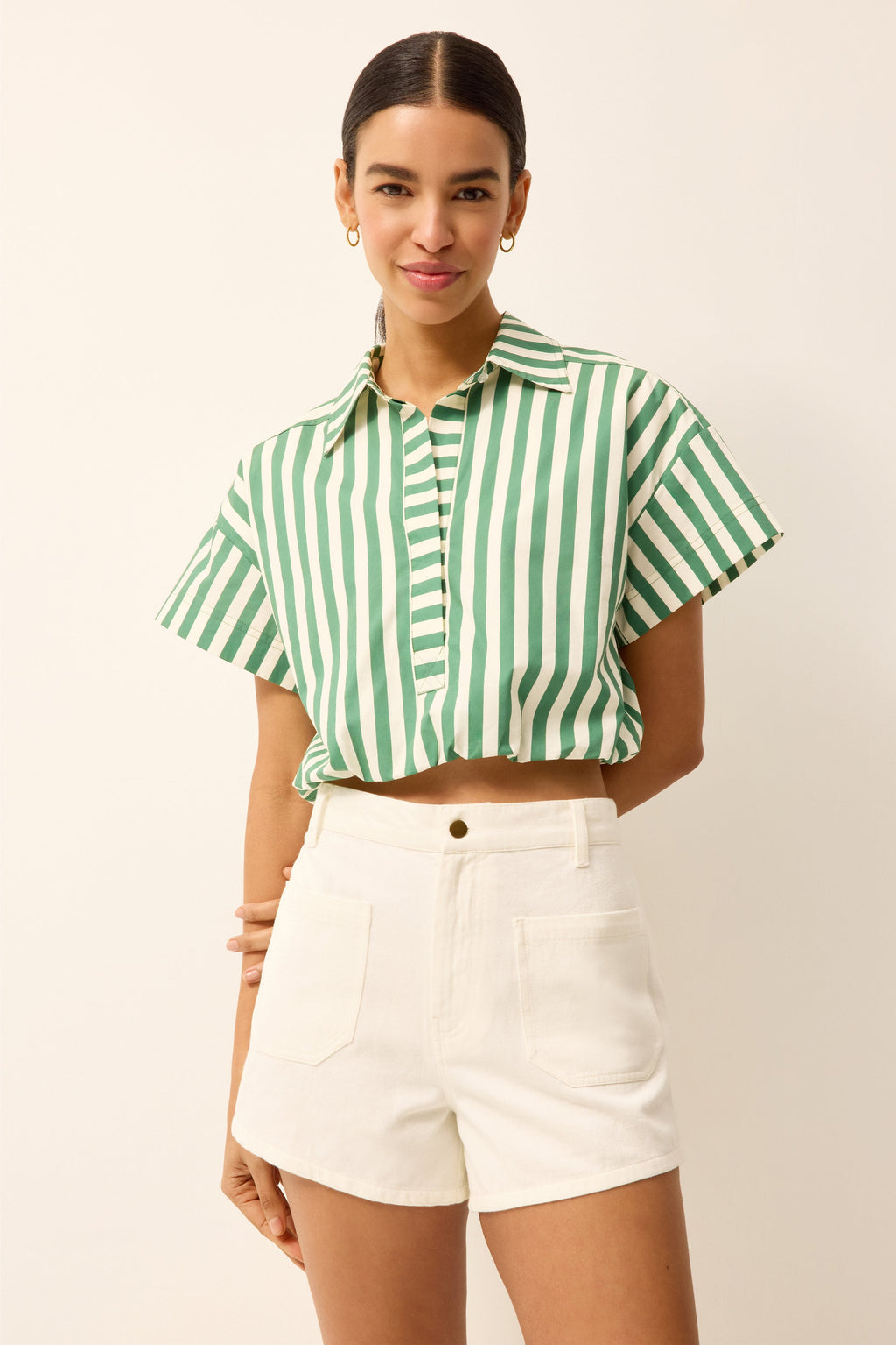 Cropped button-up top with green and white stripes