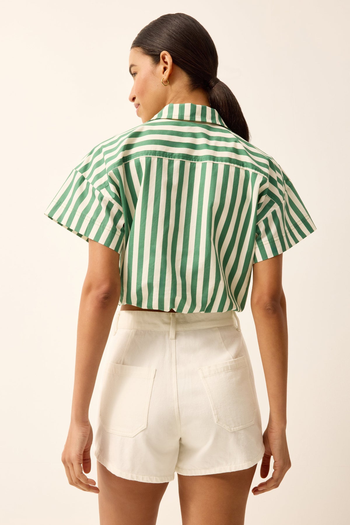 Hidden button cropped top with green and white stripes