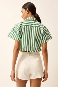 Hidden button cropped top with green and white stripes