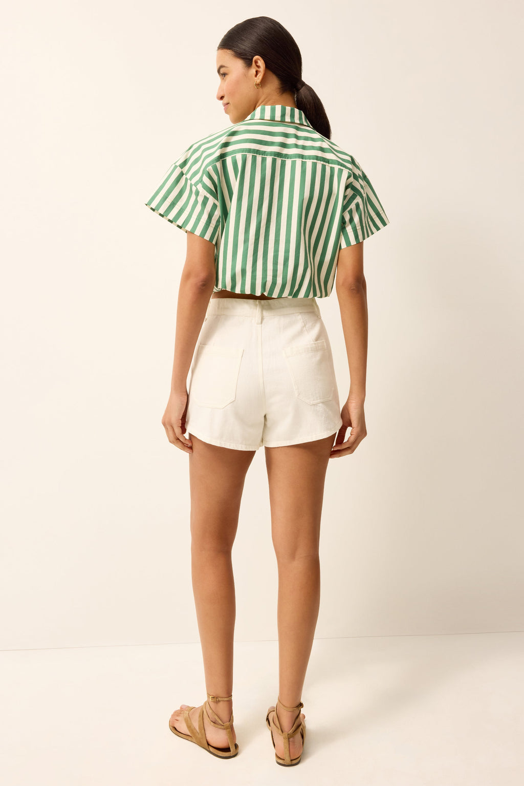 Elastic waist cropped button up with green and white stripes