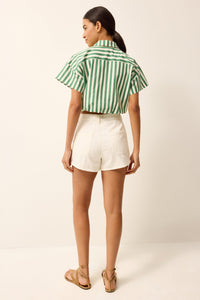 Elastic waist cropped button up with green and white stripes