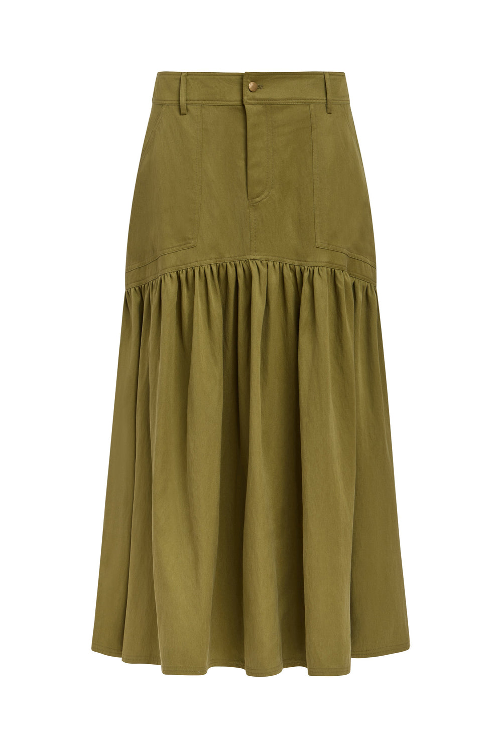Front view of Sophie Skirt in Ivy showcasing curved drop-waist yoke, gathered midi skirt, button-fly waist, white background