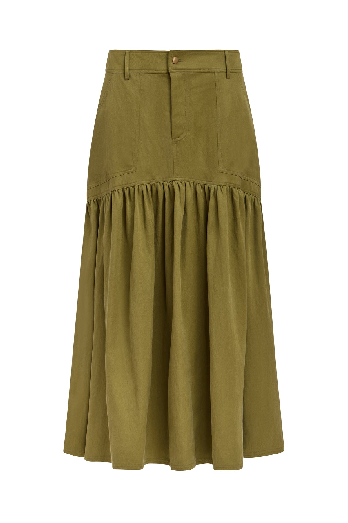 Front view of Sophie Skirt in Ivy showcasing curved drop-waist yoke, gathered midi skirt, button-fly waist, white background