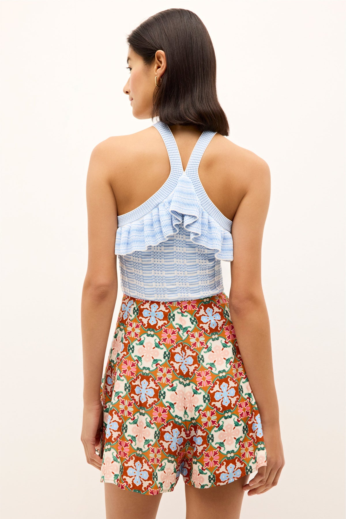 blue check pattern halter top with ribbed hem and frill accented neckline