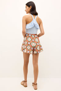 Crisscross back knit tank in icy blue with ruffle trim