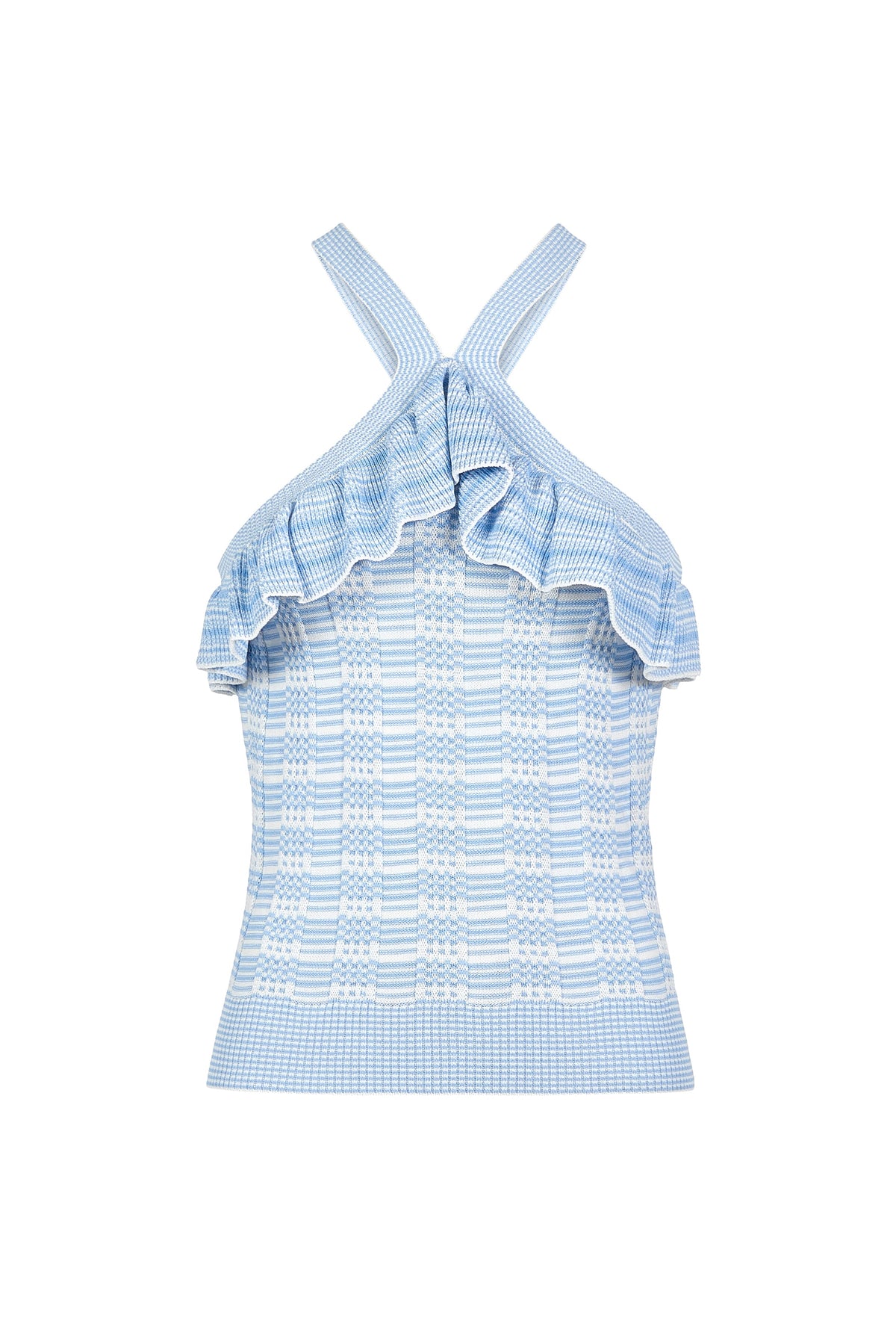 Textured knit top in baby blue with halter silhouette