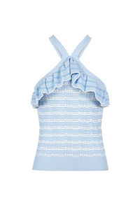 Textured knit top in baby blue with halter silhouette