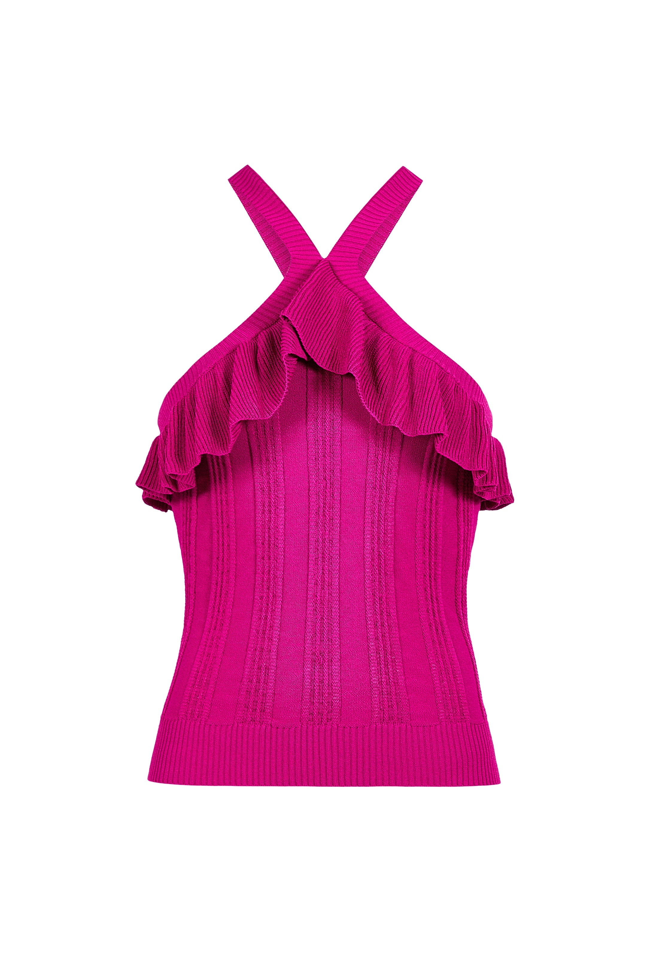 Fuchsia knit halter top with ruffle detail and ribbed texture 