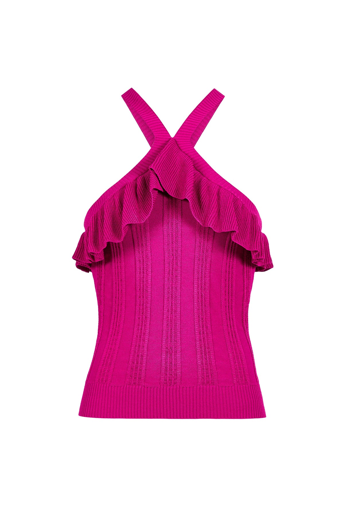 Fuchsia knit halter top with ruffle detail and ribbed texture 