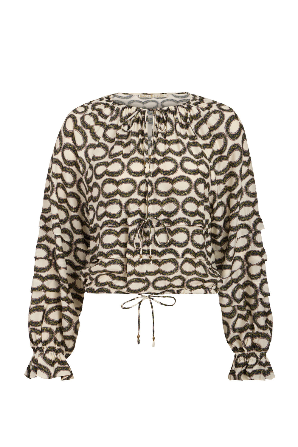 Front view of Umi Blouse with infinity loop print, plunging neckline with ties, ruffled cuffs and drawstring hem on white