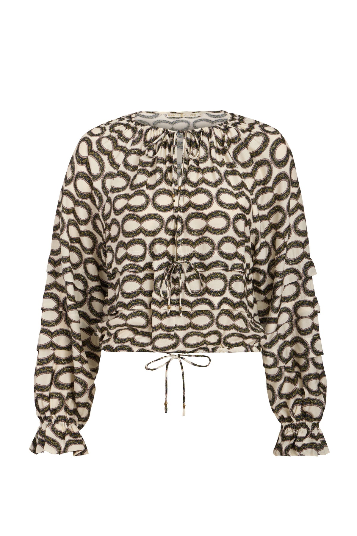 Front view of Umi Blouse with infinity loop print, plunging neckline with ties, ruffled cuffs and drawstring hem on white