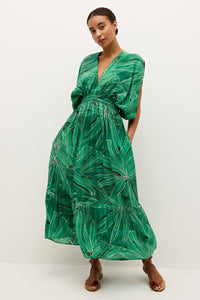 Green leaf print midi dress with cinched waist and v neck