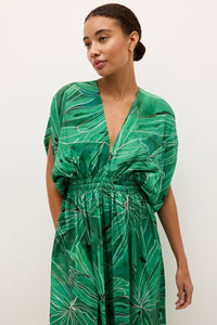 V neck tropical print dress in vibrant green with cinched waist detail