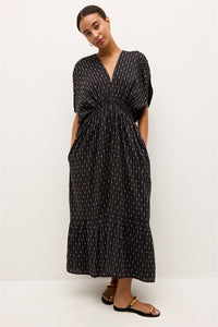 Relaxed fit black midi dress with white vertical stripes and a gathered waist 
