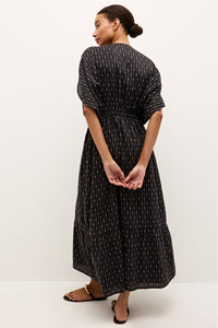 East wear midi dress with pinstripe print and deep V-line 