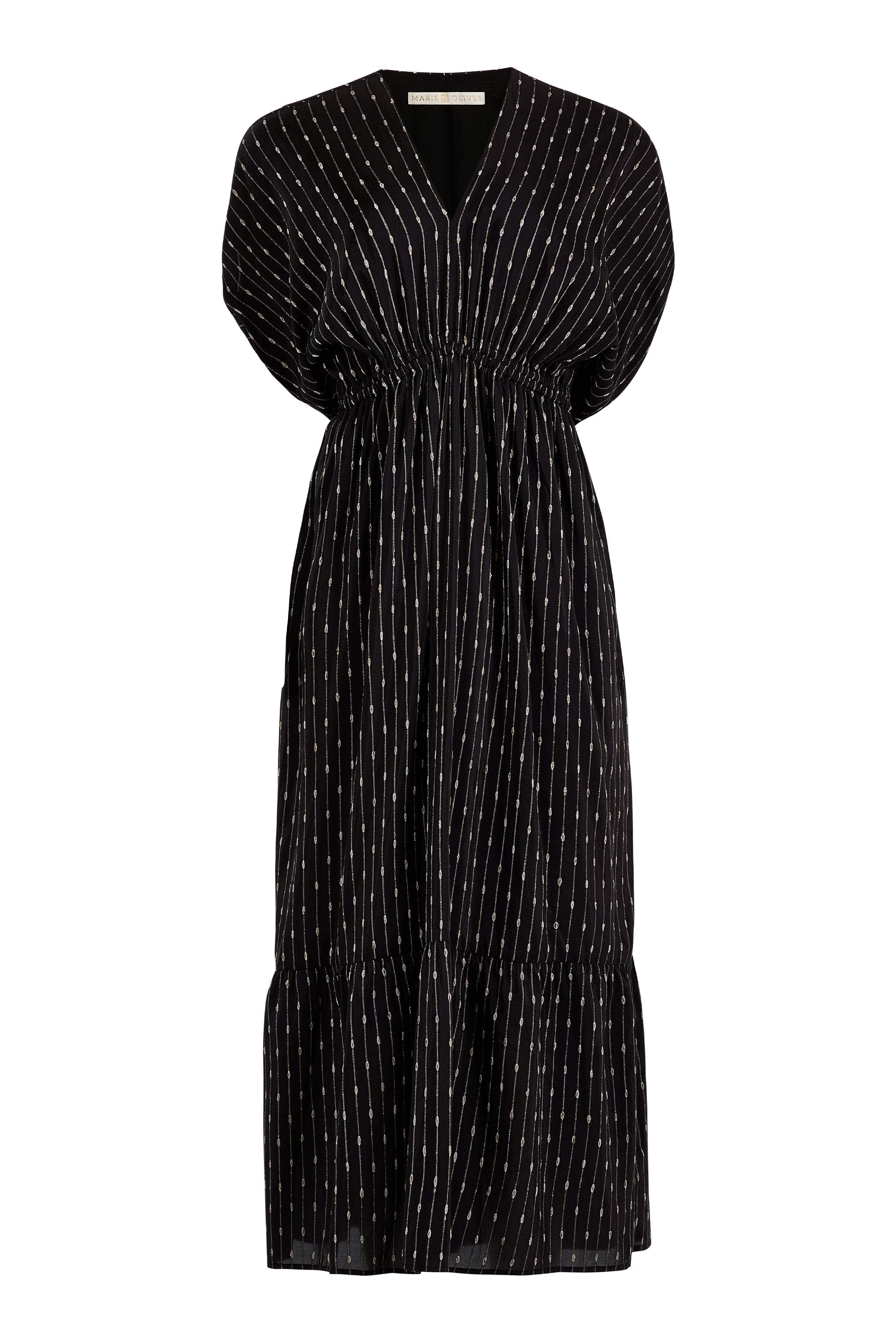 Striped summer dress with short sleeves gathered detailing, and side pockets 